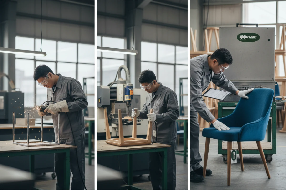 Quality control inspection of dining chair frames and upholstery on a modern furniture manufacturing floor.