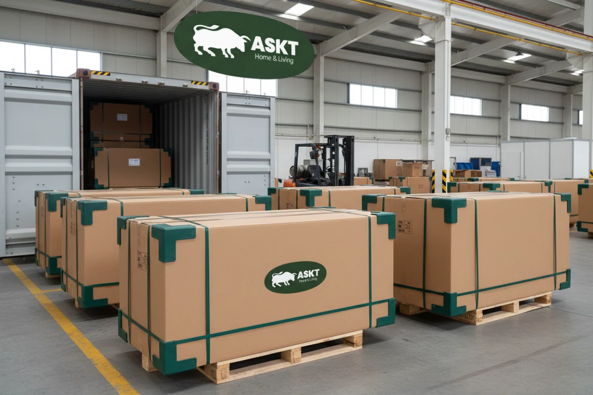 Flat-packed KD contract furniture boxes with protective packaging prepared for shipping container loading.