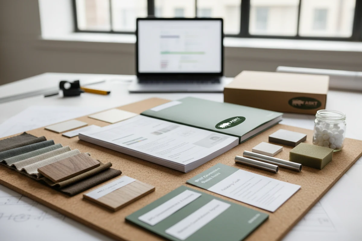 Hotel FF&E material compliance evidence including fabric swatches and technical testing reports