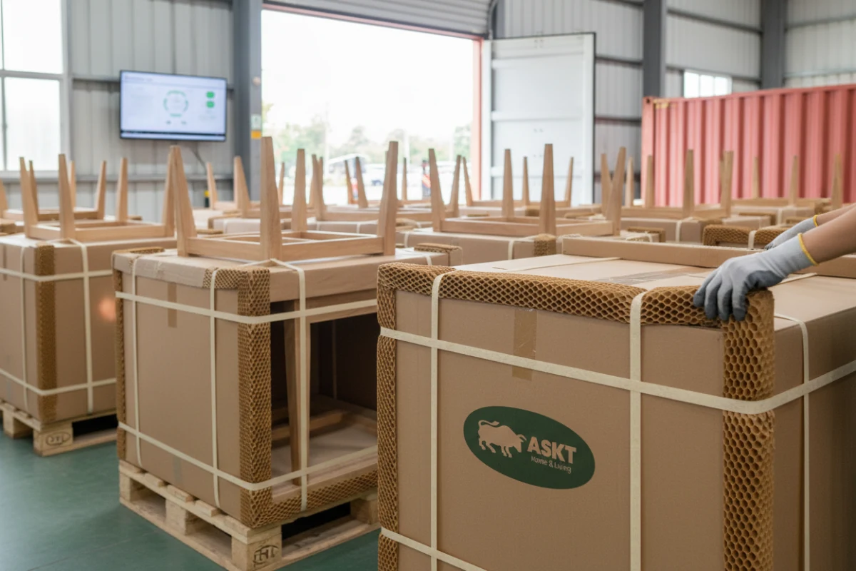 Sustainable furniture packaging documentation showing honeycomb paper protection and container optimization