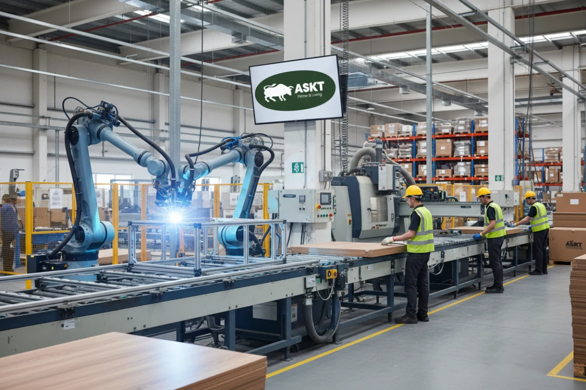 Hotel furniture ESG supplier audit in an automated factory with robotic welding and worker safety protocols