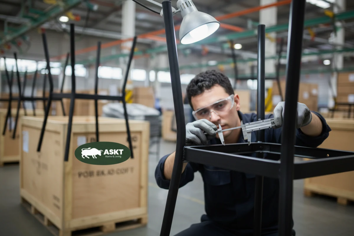Quality inspection of commercial dining chair welded metal frame and powder coating finish.