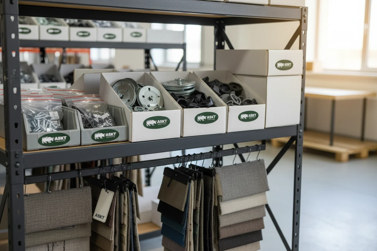 Hospitality furniture spare parts inventory including swivel mechanisms, glides, and hardware.