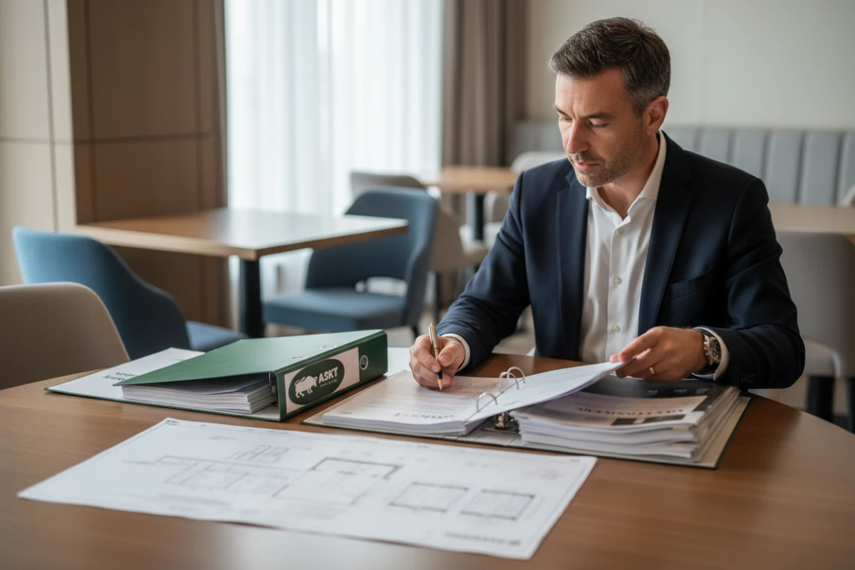 Procurement manager reviewing hotel furniture handover documentation and maintenance guidelines.