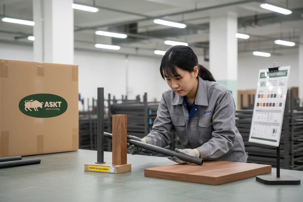 Quality control specialist comparing a production dining chair frame against an approved golden sample finish board.