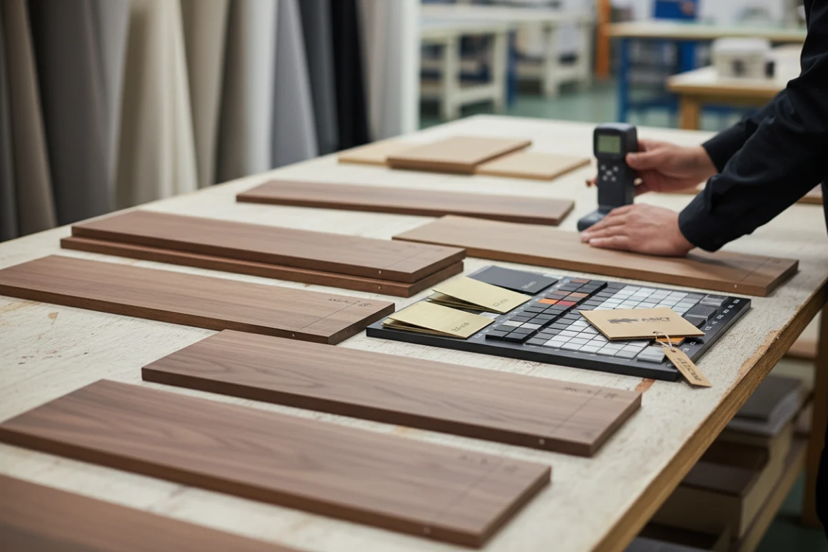 Light, target, and dark wood finish limit plaques used to maintain batch-to-batch contract furniture consistency.