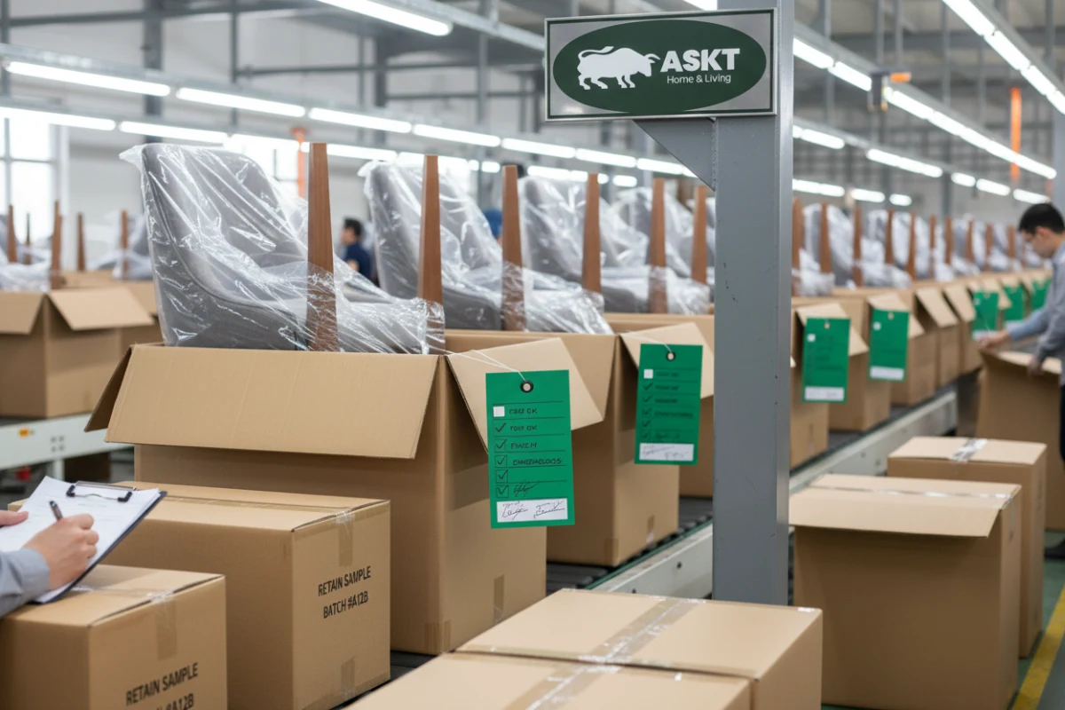First-article sign-off tags and archived material retain swatches inside a dining chair manufacturing plant.