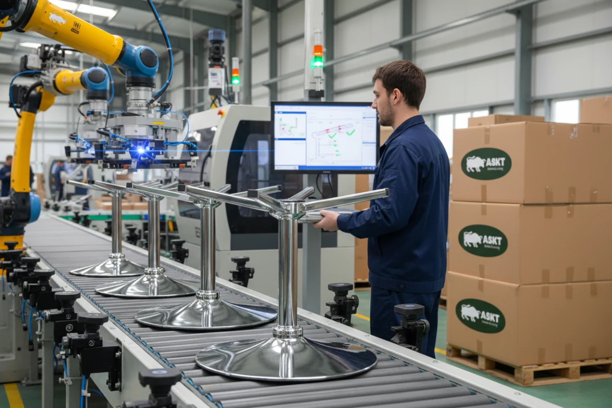Productie en assemblage van metalen onderstellen met draaimechanisme in een meubelfabriek