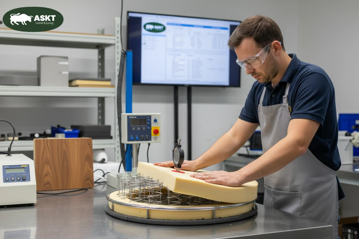 Kwaliteitscontrole van pocketvering zitsysteem en meubelstoffen in de fabriek